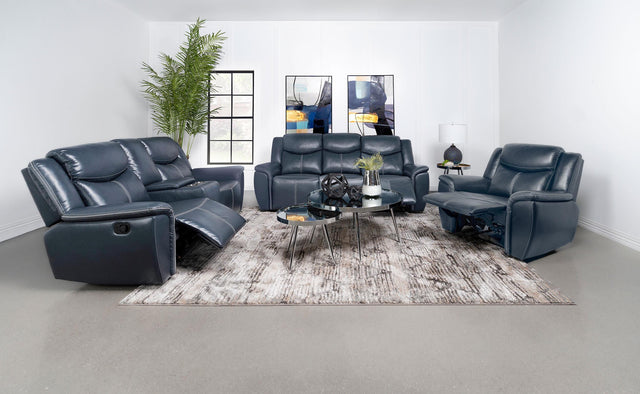 Sloane 3-piece Upholstered Reclining Sofa Set Blue 610271-S3 - Ella Furniture