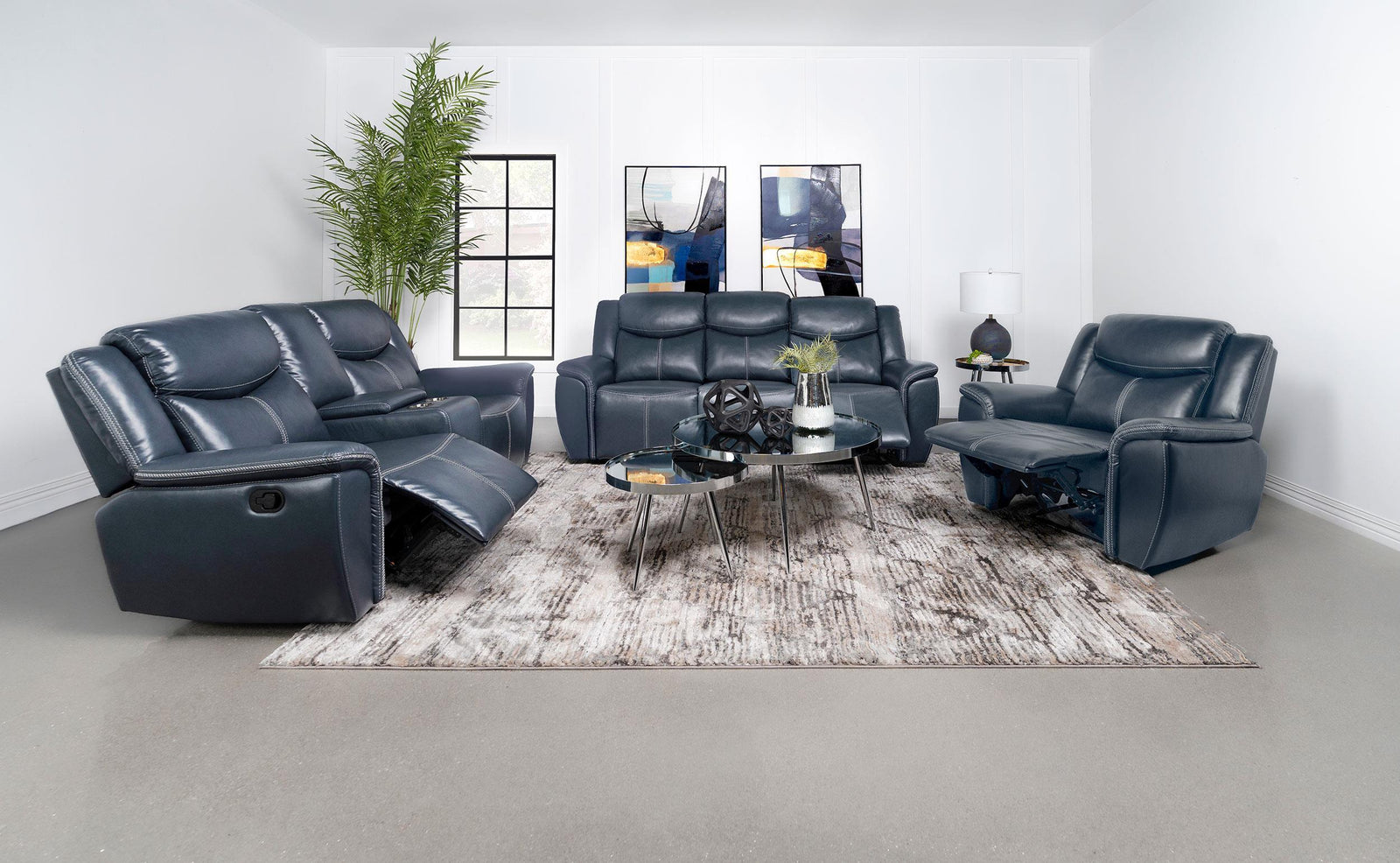 Sloane 3-piece Upholstered Reclining Sofa Set Blue 610271-S3 - Ella Furniture