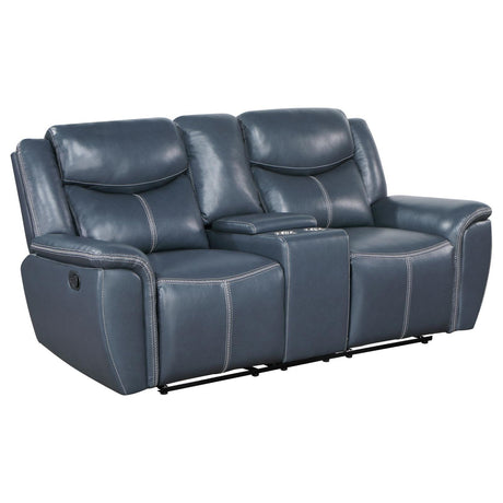 Sloane Upholstered Motion Reclining Loveseat With Console Blue 610272 - Ella Furniture
