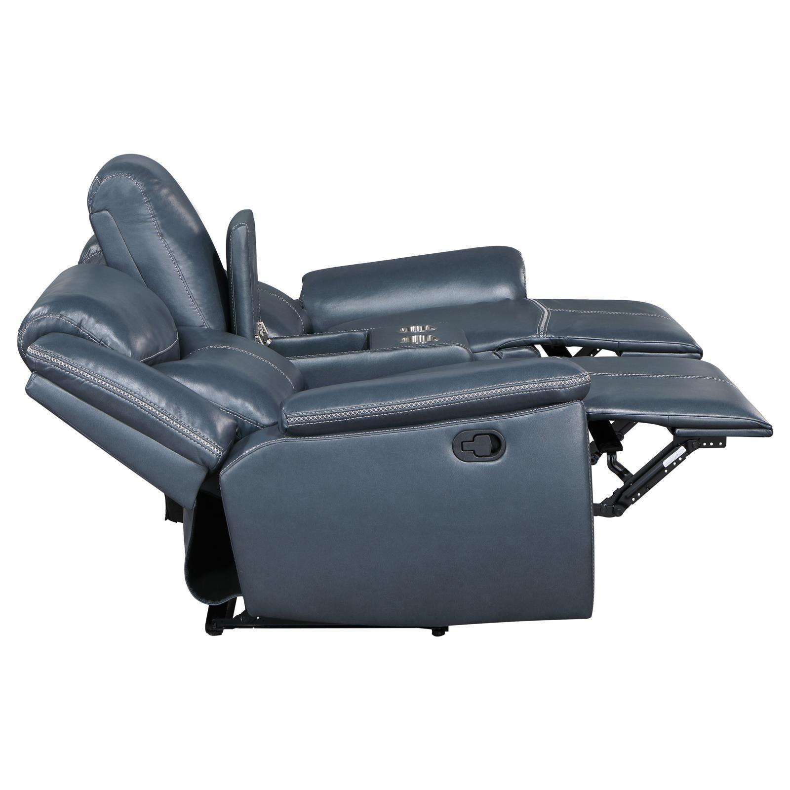 Sloane Upholstered Motion Reclining Loveseat With Console Blue 610272 - Ella Furniture