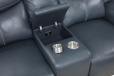 Sloane Upholstered Motion Reclining Loveseat With Console Blue 610272 - Ella Furniture