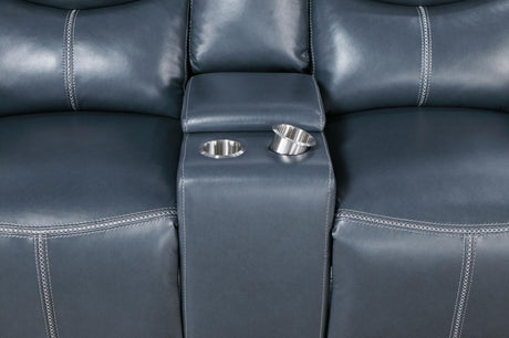 Sloane Upholstered Motion Reclining Loveseat With Console Blue 610272 - Ella Furniture