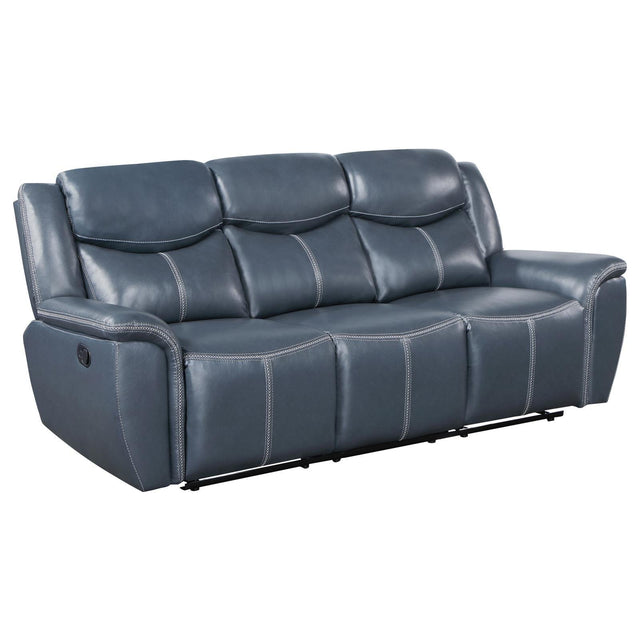 Sloane Upholstered Motion Reclining Sofa With Drop Down Table Blue 610271 - Ella Furniture