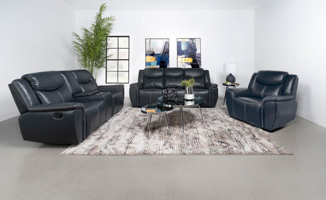 Sloane Upholstered Motion Reclining Sofa With Drop Down Table Blue 610271 - Ella Furniture