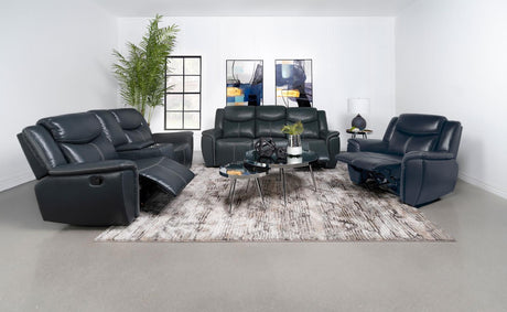 Sloane Upholstered Motion Reclining Sofa With Drop Down Table Blue 610271 - Ella Furniture