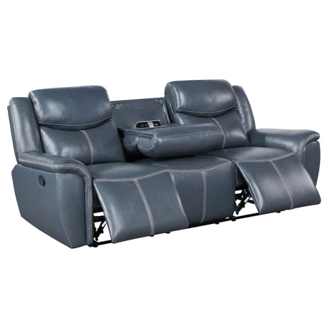 Sloane Upholstered Motion Reclining Sofa With Drop Down Table Blue 610271 - Ella Furniture