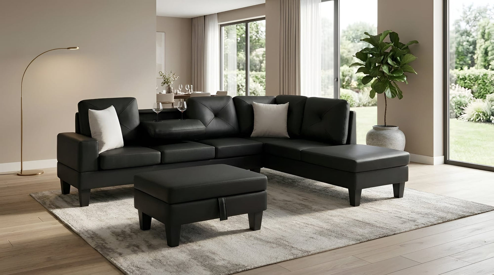Star Black PU Sectional with Drop-Down Console and Storage Ottoman from Ella Furniture
