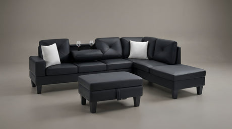 Star Black PU Sectional with Drop-Down Console and Storage Ottoman view 3