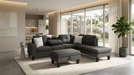 Star Dark Grey Fabric Sectional with Storage Ottoman and Drop-Down Table from Ella Furniture