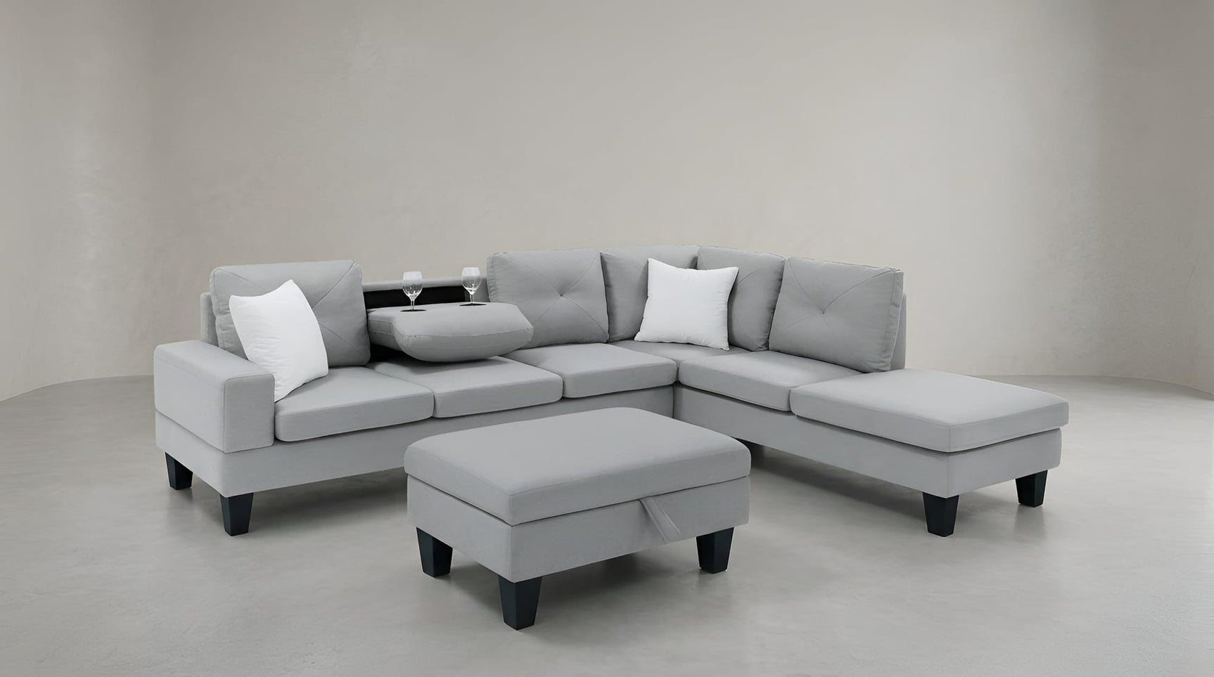 Star Light Grey Fabric Sectional with Storage Ottoman and Drop-Down Table view 3