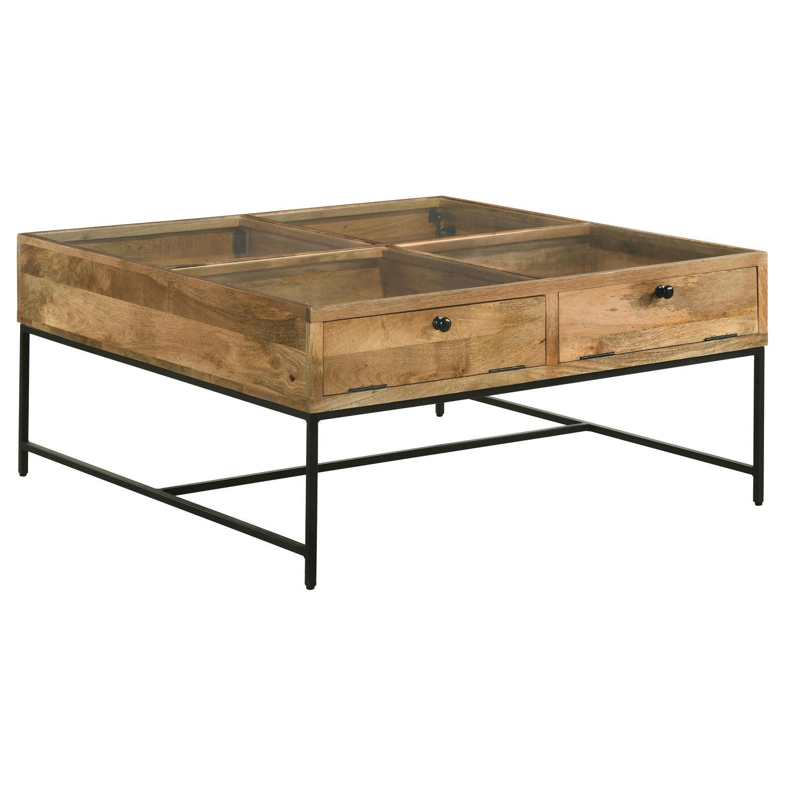 Stephie 4-Drawer Square Clear Glass Top Coffee Table Honey Brown 704698 - Ella Furniture