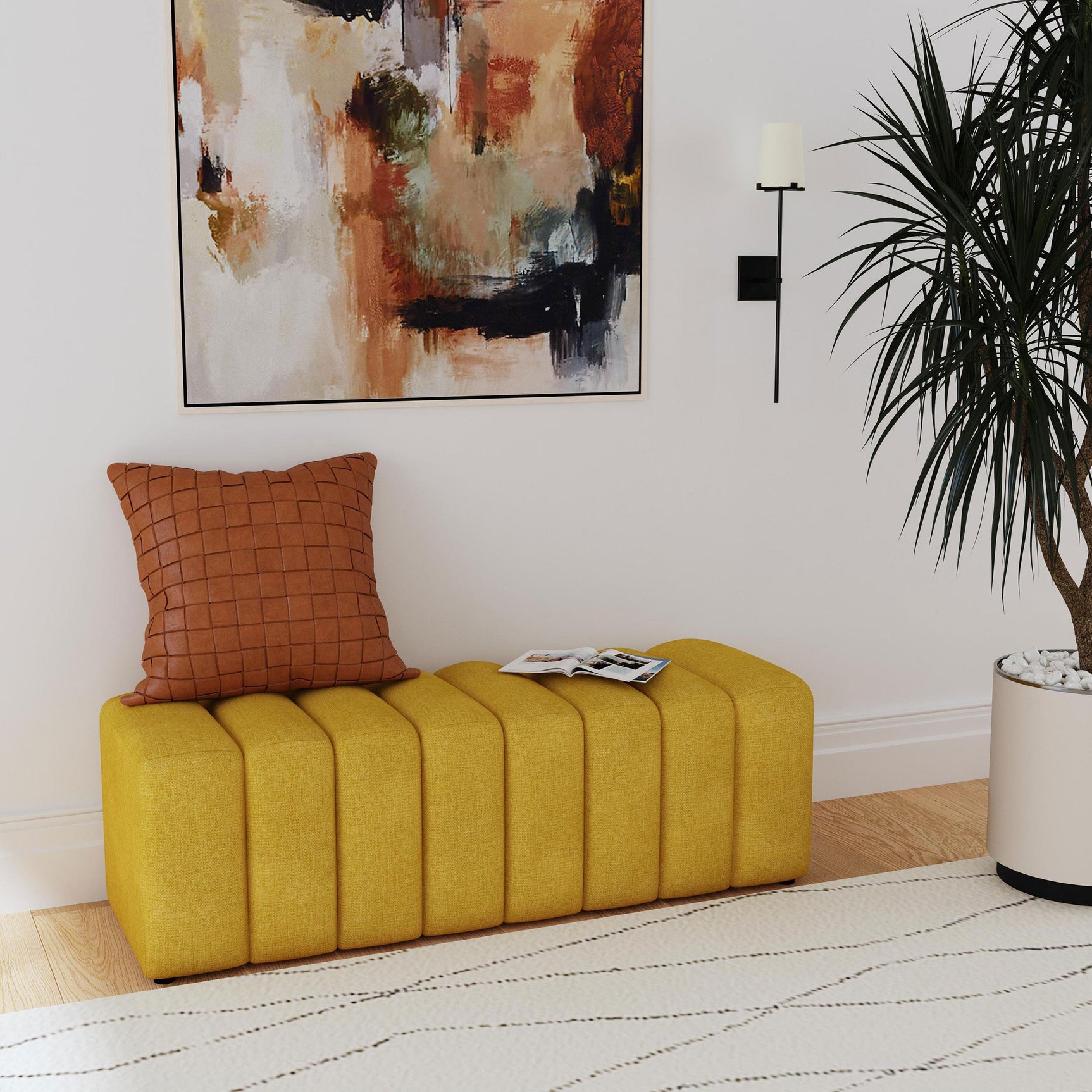 Summer Fabric Upholstered Tufted Accent Bench Mustard Yellow 910292 - Ella Furniture