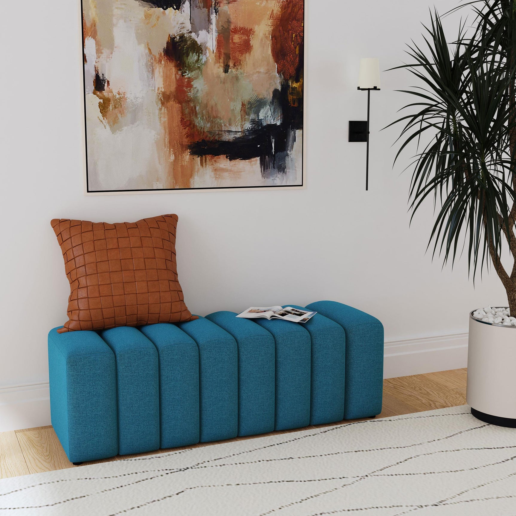 Summer Fabric Upholstered Tufted Accent Bench Peacock Blue 910293 - Ella Furniture