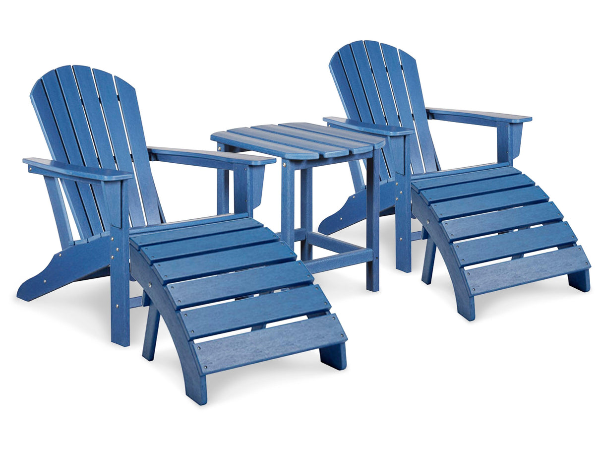 Sundown Blue Treasure 2 Outdoor Adirondack Chairs And Ottomans With Side Table - Ella Furniture