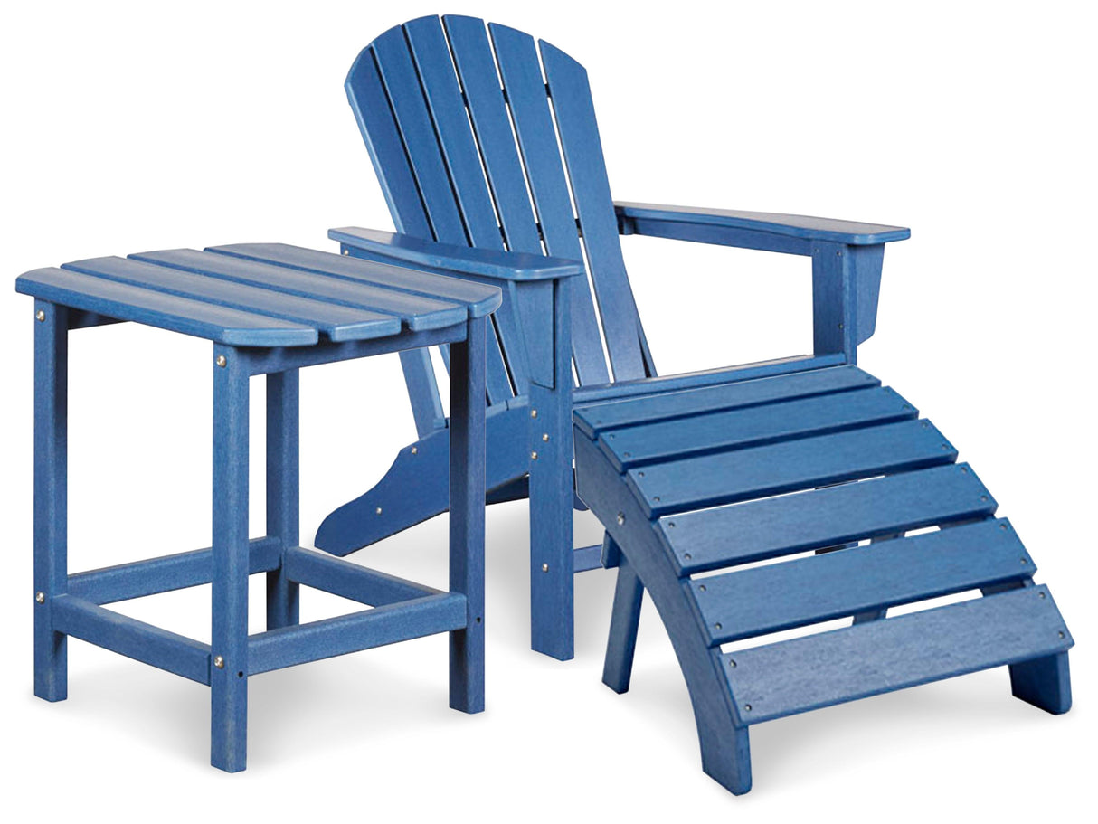 Sundown Blue Treasure Outdoor Adirondack Chair And Ottoman With Side Table - Ella Furniture