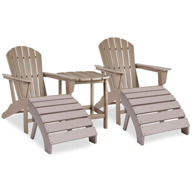 Sundown Driftwood Treasure 2 Outdoor Adirondack Chairs And Ottomans With Side Table - Ella Furniture