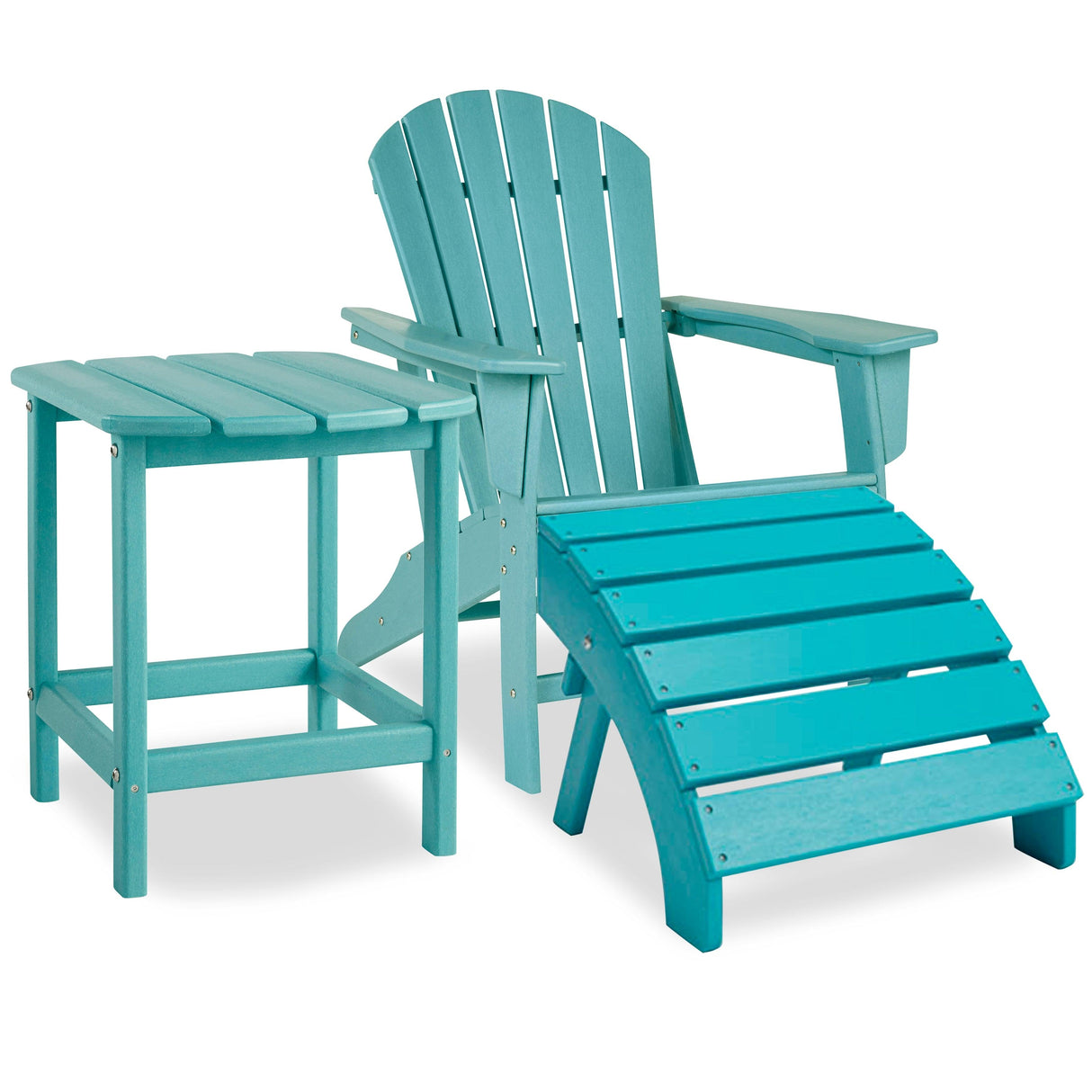 Sundown Turquoise Treasure Outdoor Adirondack Chair And Ottoman With Side Table - Ella Furniture