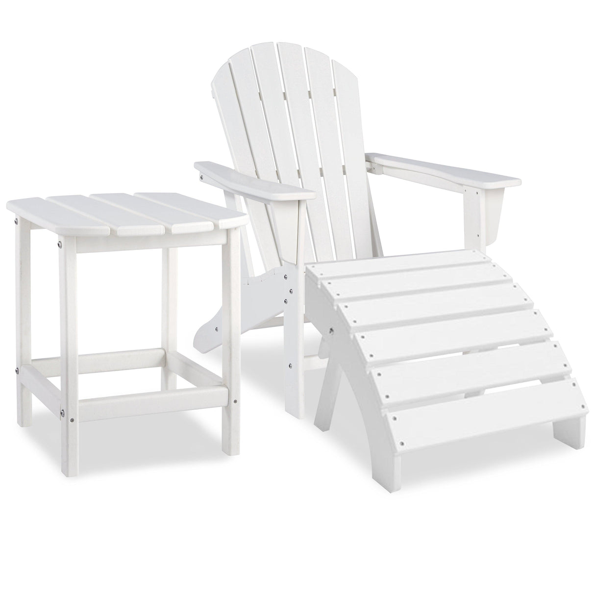 Sundown White Treasure Outdoor Adirondack Chair And Ottoman With Side Table - Ella Furniture