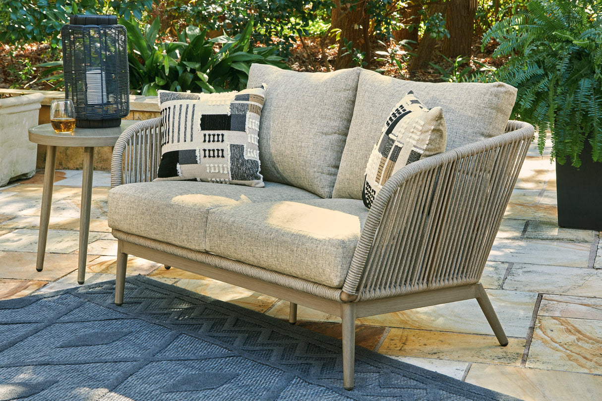 Swiss Beige Valley Outdoor Sofa And Loveseat With Coffee Table - Ella Furniture