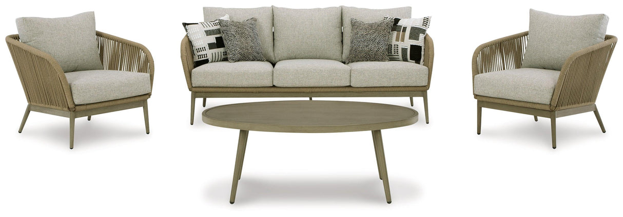 Swiss Beige Valley Outdoor Sofa, Loveseat And 2 Lounge Chairs With Coffee Table - Ella Furniture