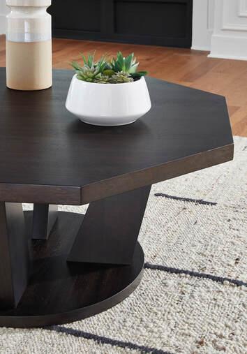 Dark Brown Modern Contemporary Mango Wood Veneer Octagonal Trapezoid Cocktail Table - Ella Furniture