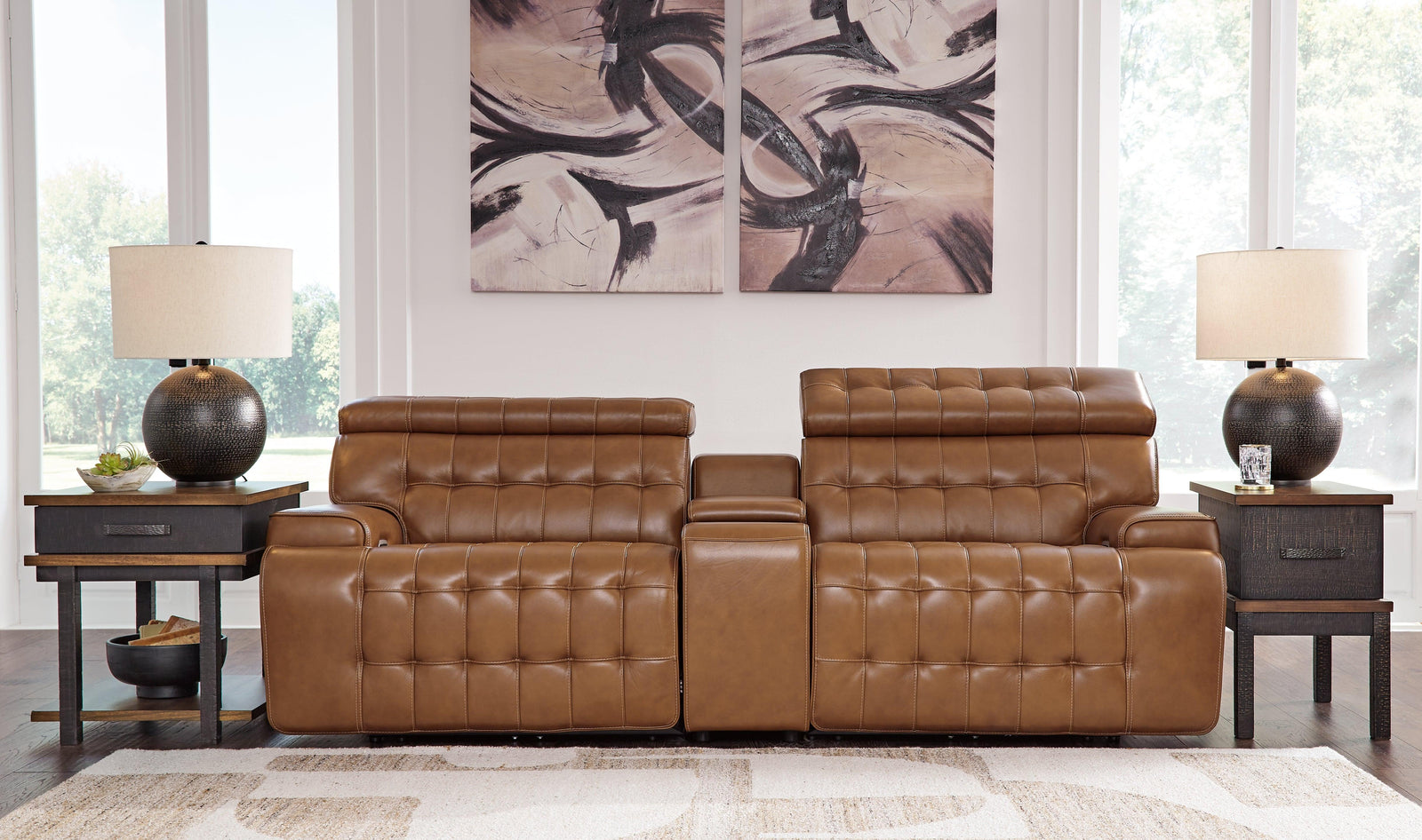 Temmpton Chocolate Leather 3-Piece Power Reclining Sectional Loveseat with Console - Ella Furniture