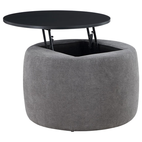 Tesoro Upholstered Round Lift Top Storage Ottoman Grey And Black 910147 - Ella Furniture