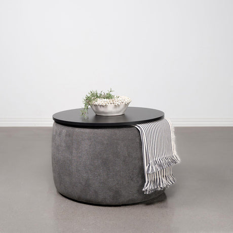 Tesoro Upholstered Round Lift Top Storage Ottoman Grey And Black 910147 - Ella Furniture