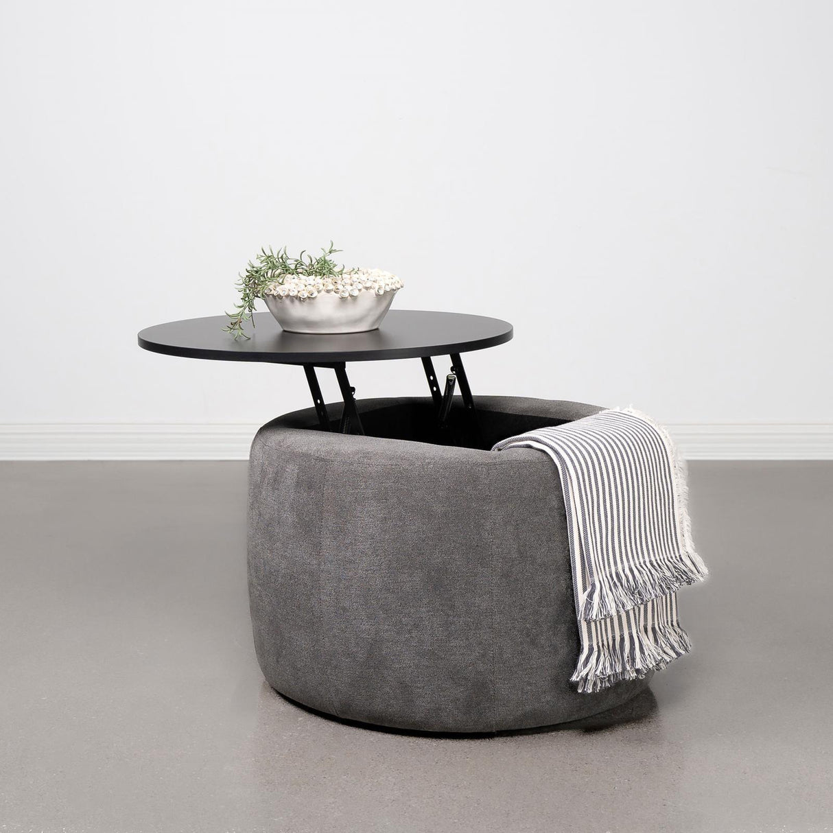 Tesoro Upholstered Round Lift Top Storage Ottoman Grey And Black 910147 - Ella Furniture