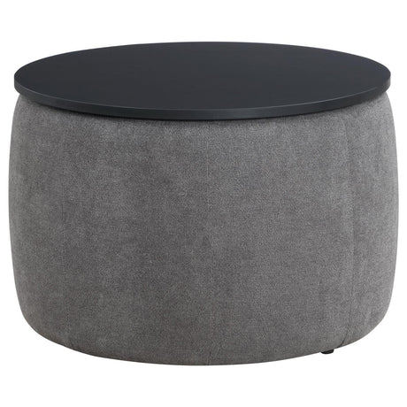 Tesoro Upholstered Round Lift Top Storage Ottoman Grey And Black 910147 - Ella Furniture
