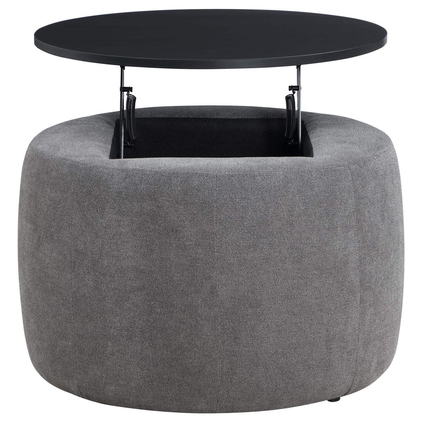 Tesoro Upholstered Round Lift Top Storage Ottoman Grey And Black 910147 - Ella Furniture