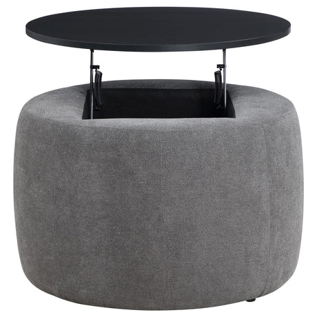 Tesoro Upholstered Round Lift Top Storage Ottoman Grey And Black 910147 - Ella Furniture