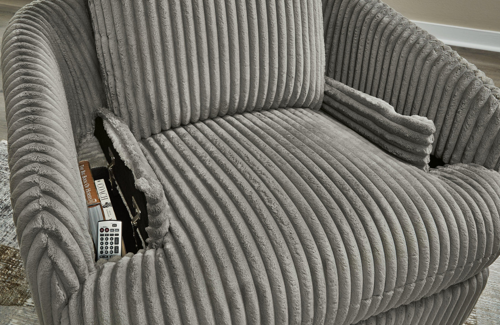 Tie-breaker Fog Velvet Swivel Glider Recliner - Ella Furniture