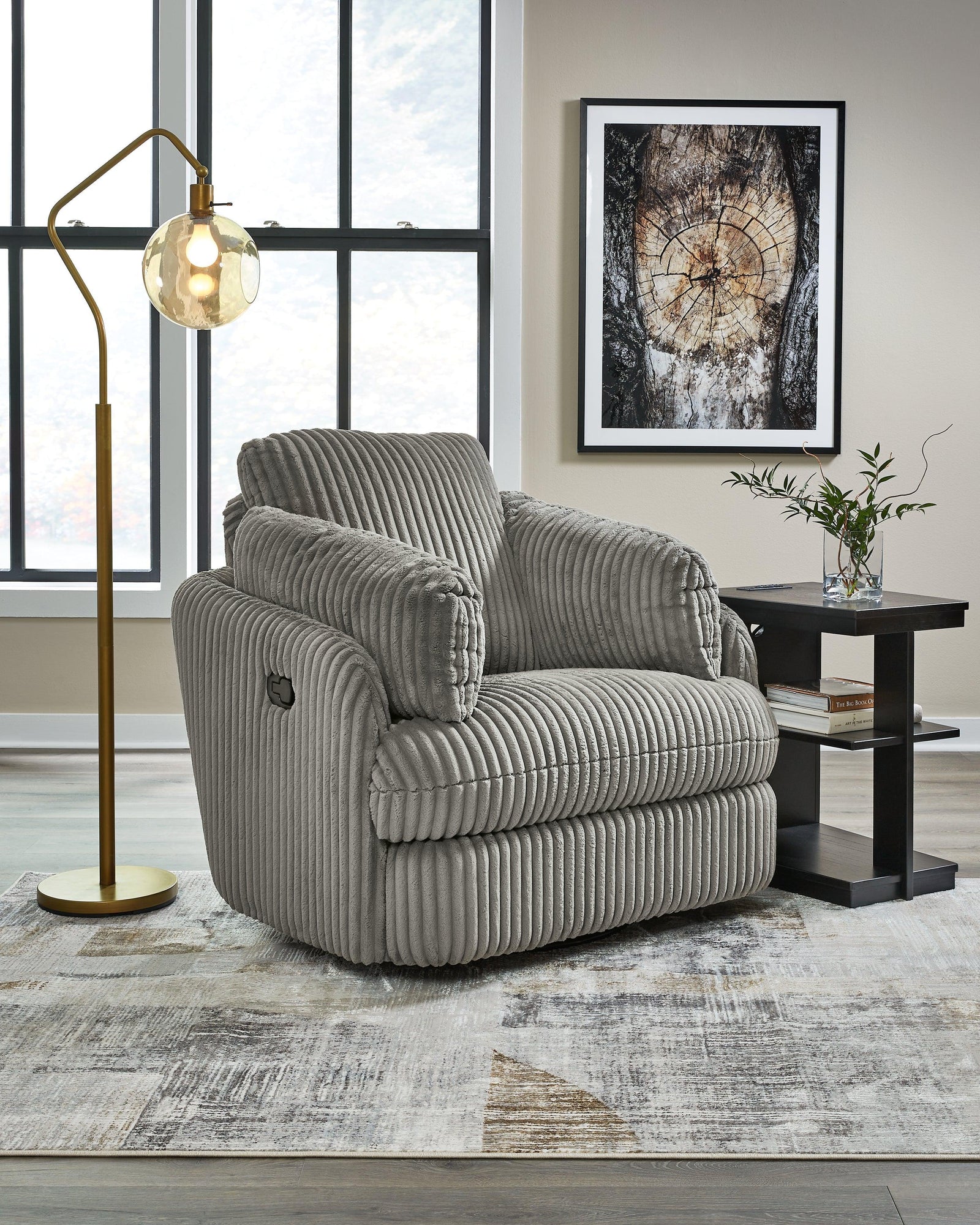 Tie-breaker Fog Velvet Swivel Glider Recliner - Ella Furniture