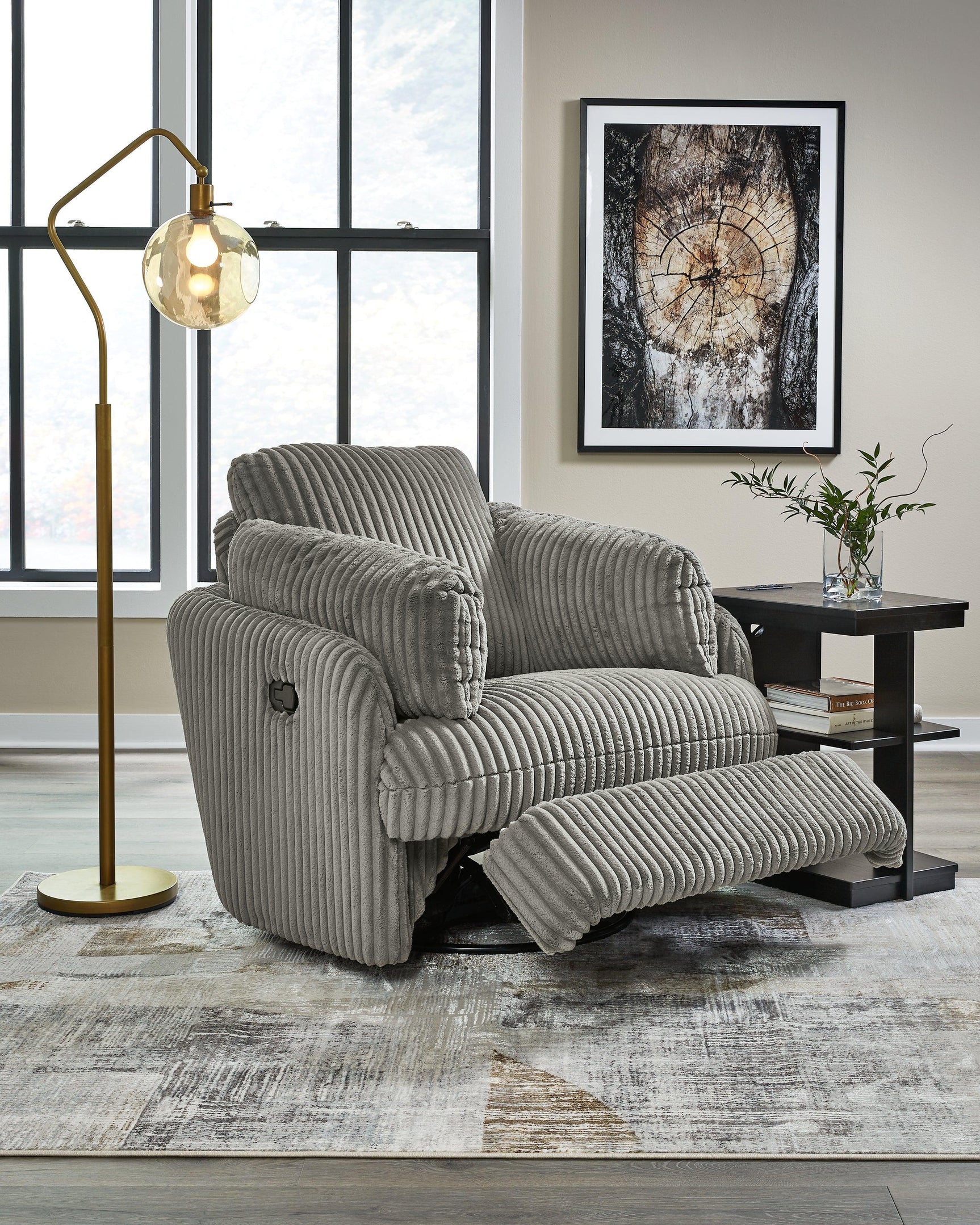 Tie-breaker Fog Velvet Swivel Glider Recliner - Ella Furniture