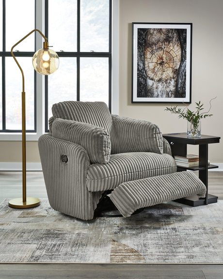 Tie-breaker Fog Velvet Swivel Glider Recliner - Ella Furniture