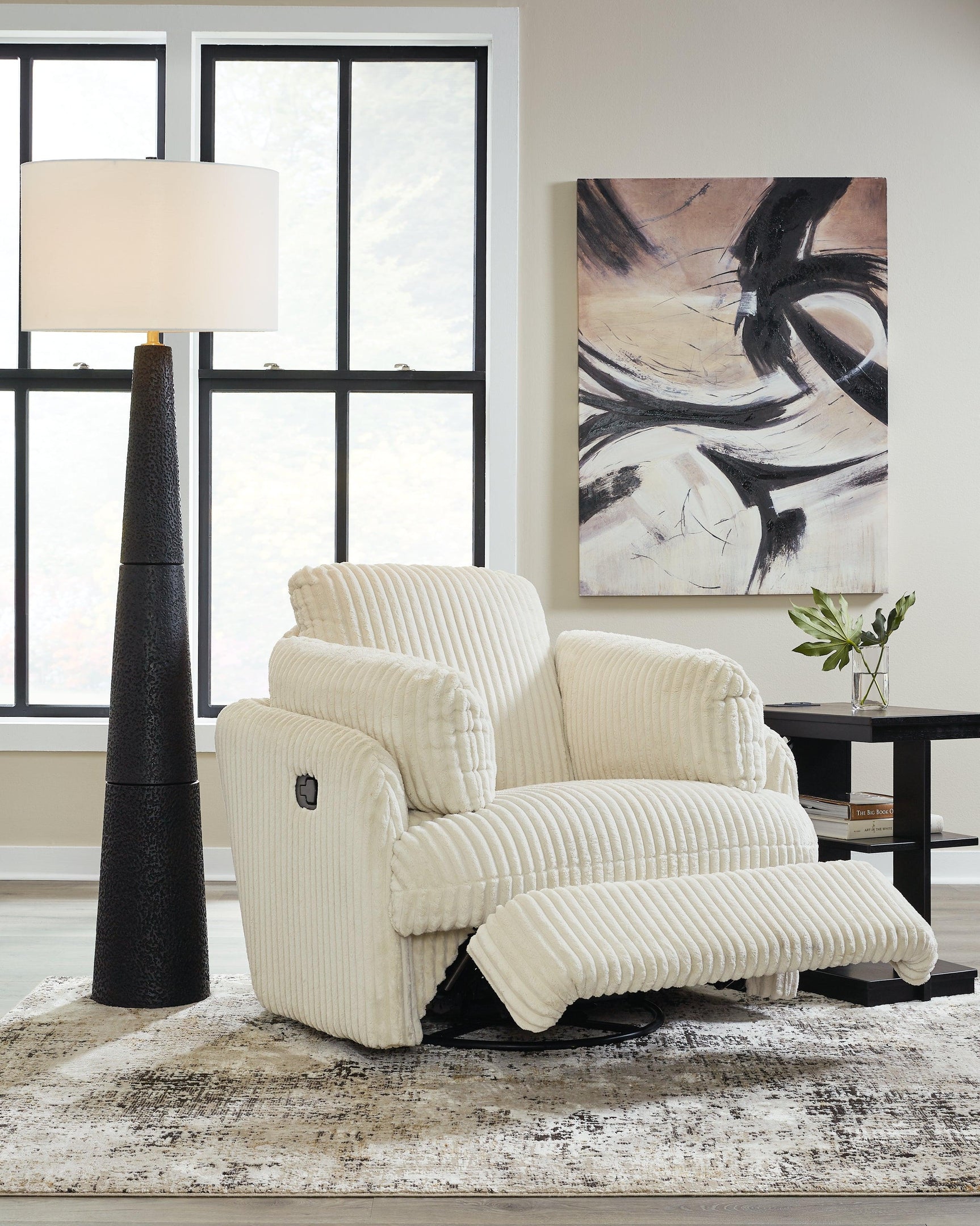 Tie-breaker Ivory Velvet Swivel Glider Recliner - Ella Furniture