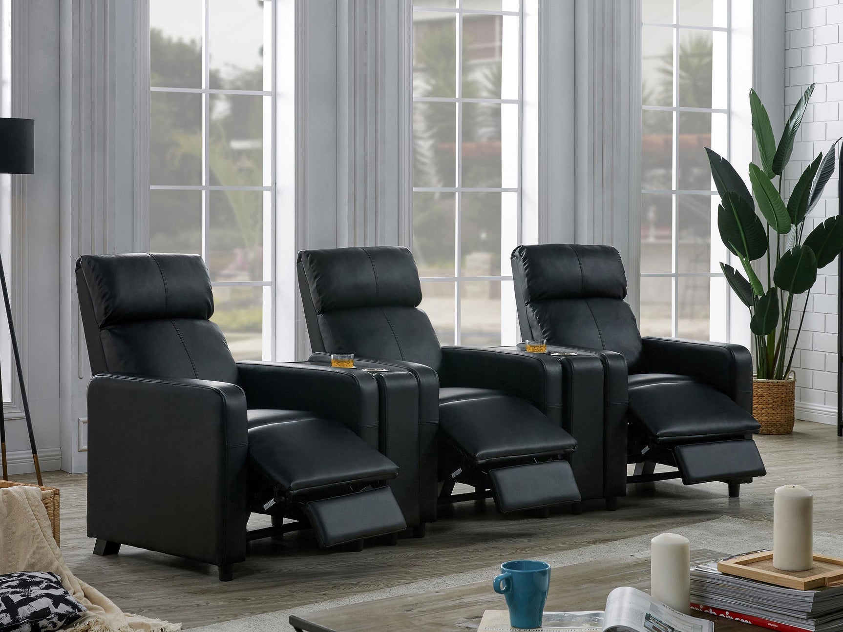 TOOHEY HOME THEATER COLLECTION Toohey Upholstered Tufted Recliner Living Room Set Black 600181-S3A - Ella Furniture