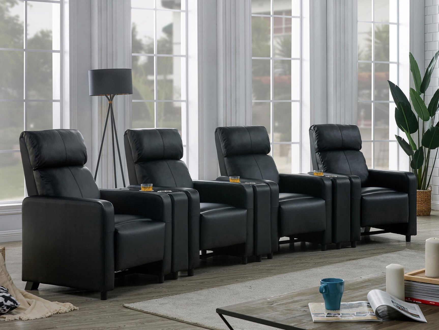 TOOHEY HOME THEATER COLLECTION Toohey Upholstered Tufted Recliner Living Room Set Black 600181-S4A - Ella Furniture