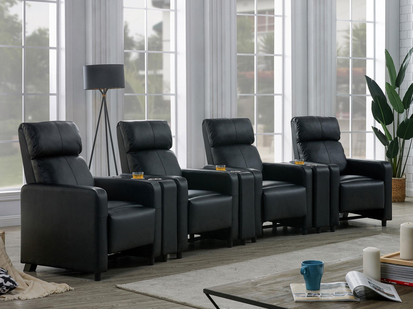 TOOHEY HOME THEATER COLLECTION Toohey Upholstered Tufted Recliner Living Room Set Black 600181-S4A - Ella Furniture