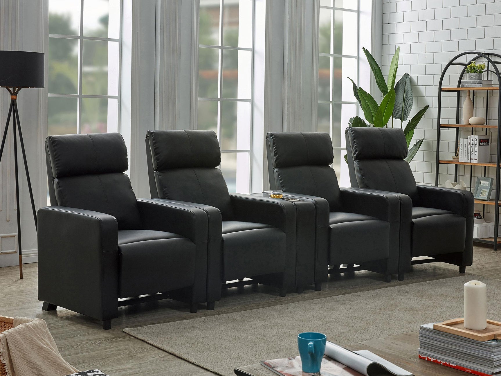 TOOHEY HOME THEATER COLLECTION Toohey Upholstered Tufted Recliner Living Room Set Black 600181-S4B - Ella Furniture