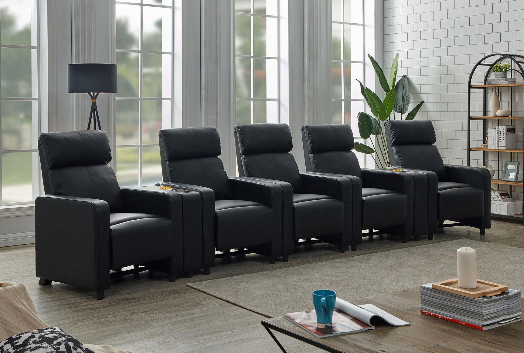 TOOHEY HOME THEATER COLLECTION Toohey Upholstered Tufted Recliner Living Room Set Black 600181-S5B - Ella Furniture