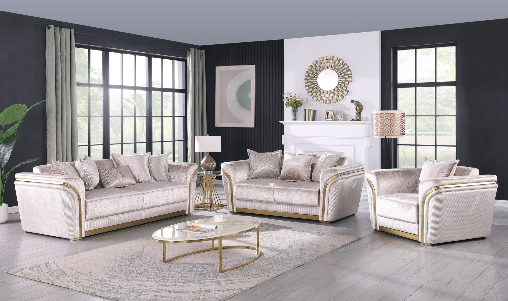 Torino Champagne Sofa, Loveseat, and Chair Set with Gold Framework from Ella Furniture