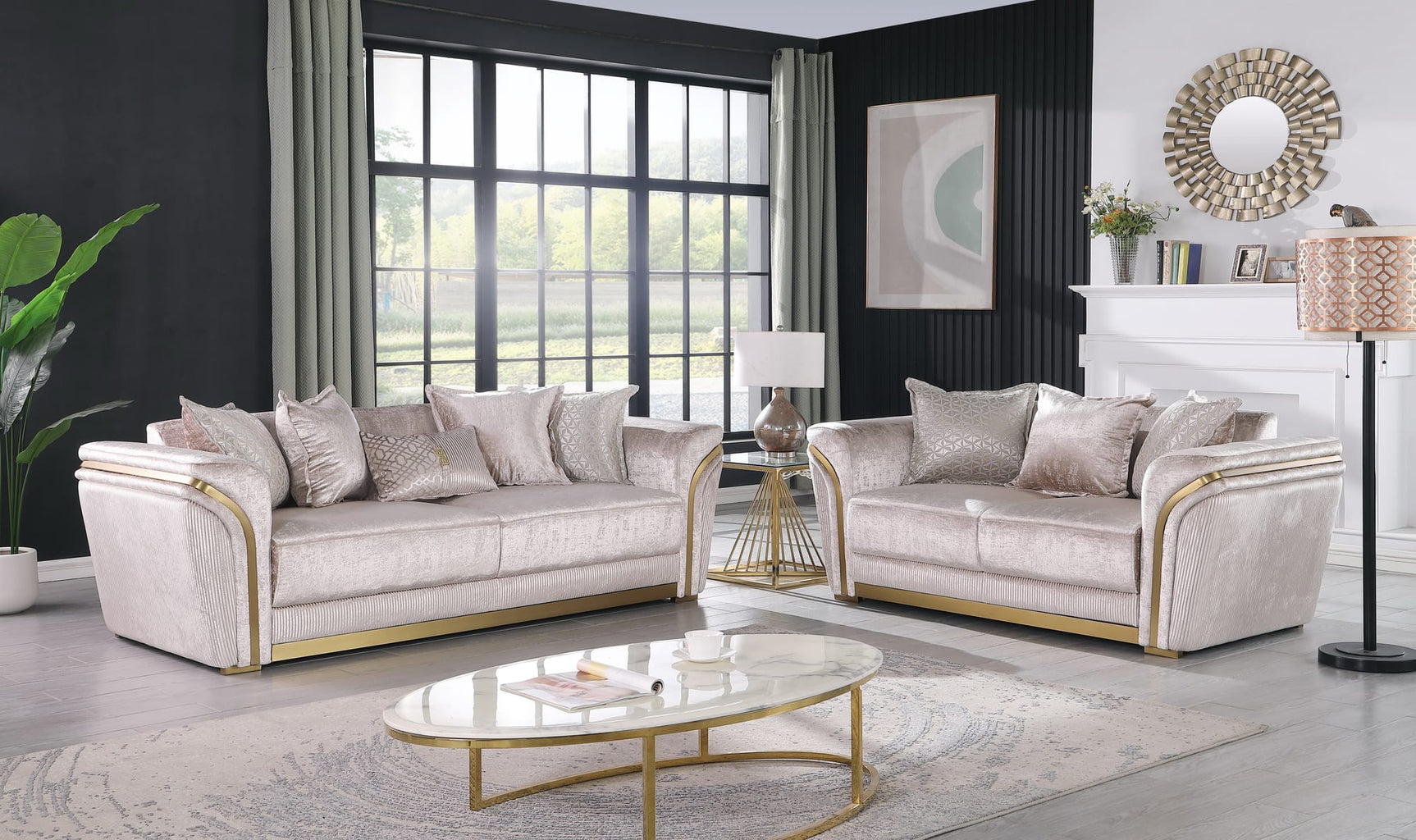 Torino Champagne Sofa, Loveseat, and Chair Set with Gold Framework view 5