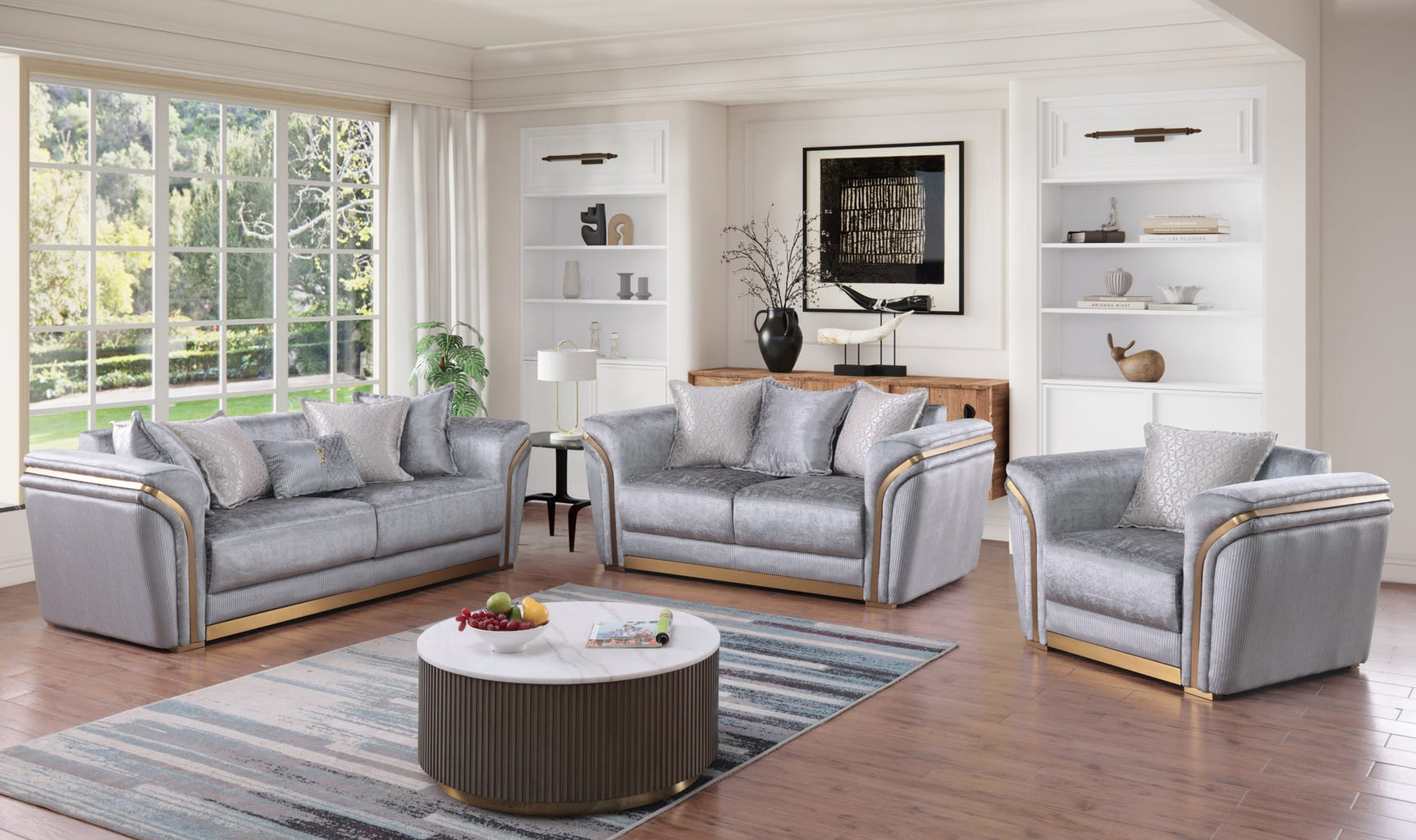 Torino Grey Sofa, Loveseat, and Chair Set with Gold Accents from Ella Furniture