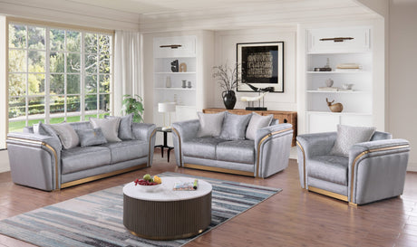 Torino Grey Sofa, Loveseat, and Chair Set with Gold Accents from Ella Furniture