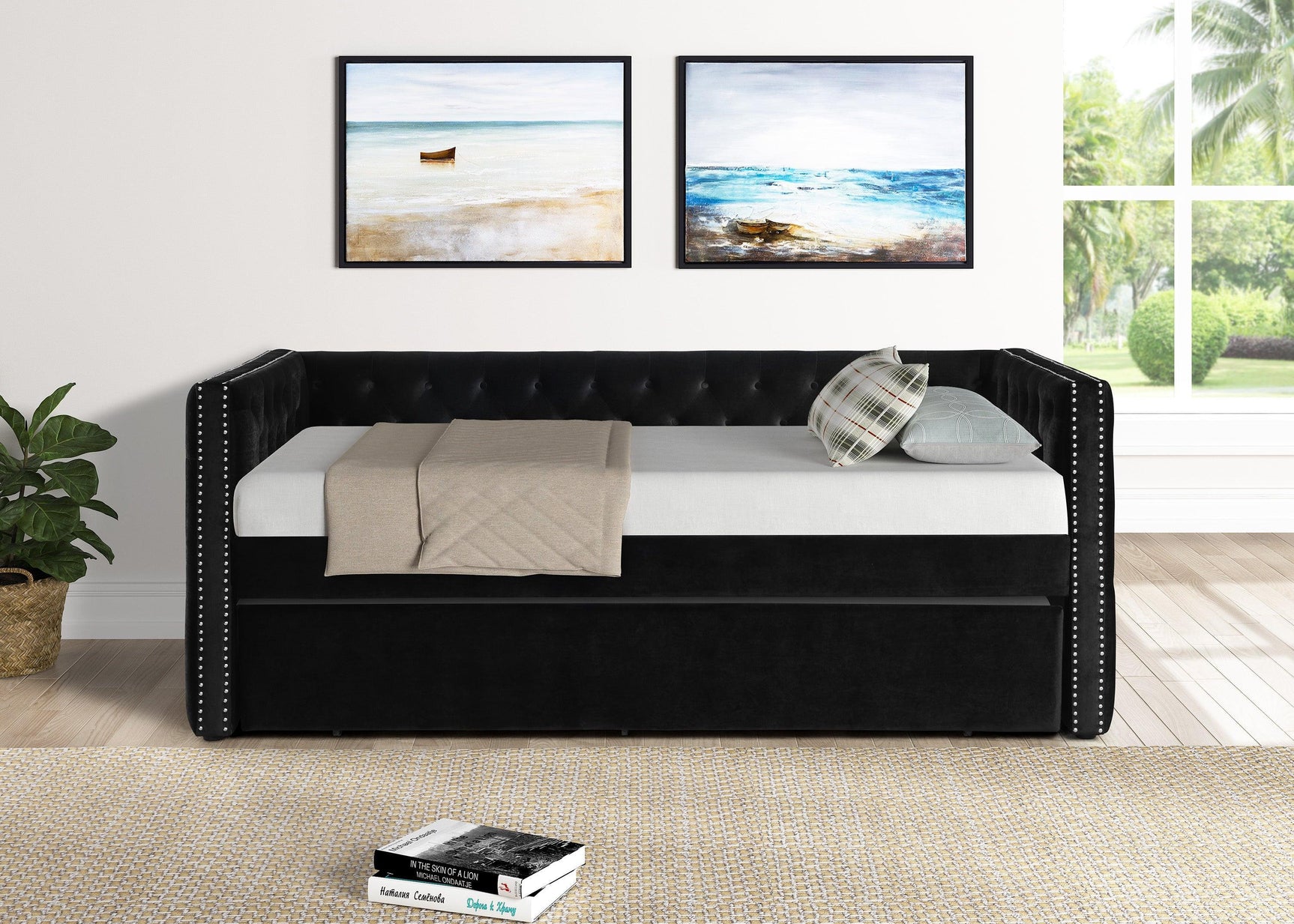 Trina Black Velvet Upholstered Trundle Tufted Twin Daybed - Ella Furniture