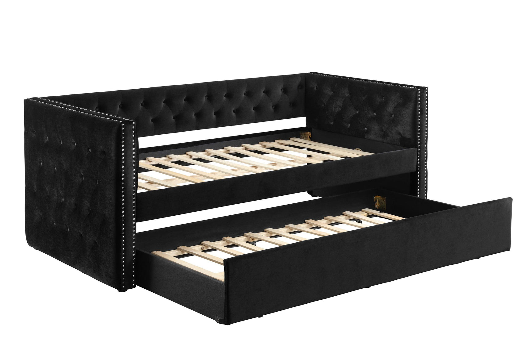 Trina Black Velvet Upholstered Trundle Tufted Twin Daybed - Ella Furniture