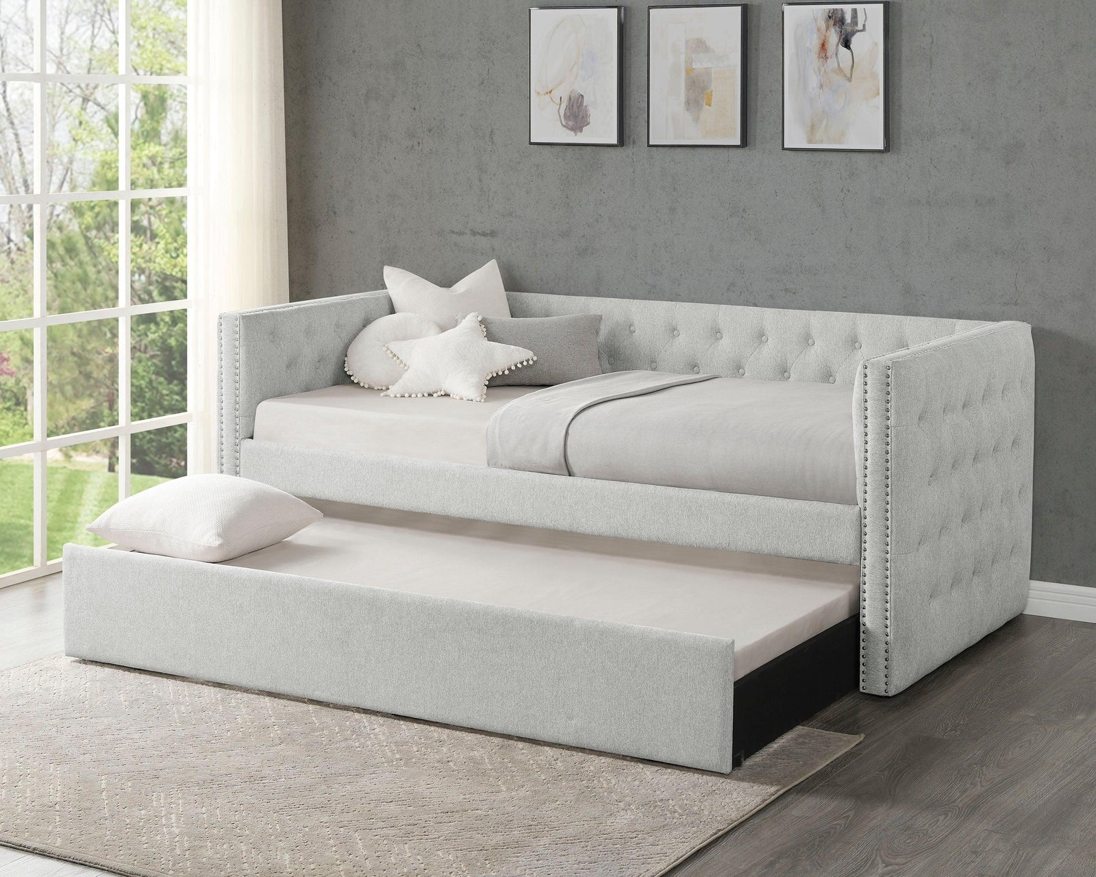 Trina Dove Gray Modern Solid Wood Fabric Upholstered Tufted Trundle Daybed - Ella Furniture