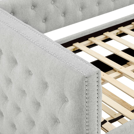 Trina Dove Gray Modern Solid Wood Fabric Upholstered Tufted Trundle Daybed - Ella Furniture